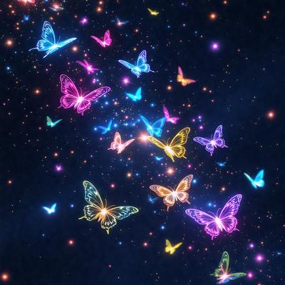 The primary subject of the image is a group of colorful butterflies flying in the sky. The setting is a dark, starry background, which adds a sense of depth and mystery to the scene. The visual style is a combination of photo and digital art, creating a vibrant and lively atmosphere. The colors and mood are predominantly purple, pink, and yellow, giving the image a warm and inviting feel.